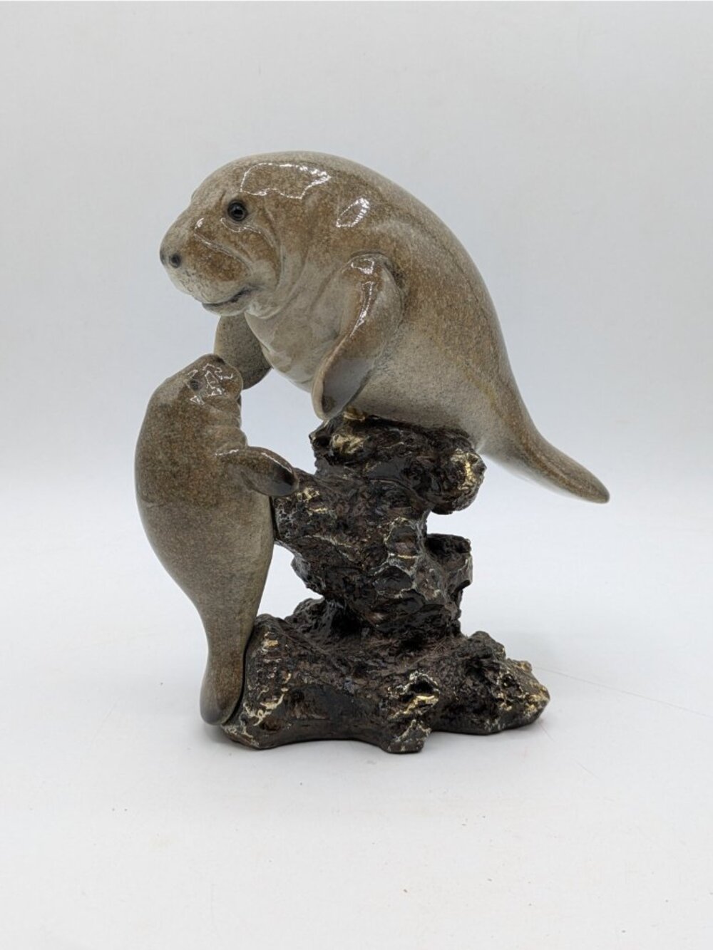 Manatees Kissing Resin Statue Figurine Mother and Baby 7"
